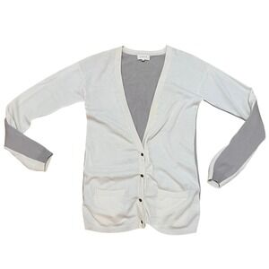 SHAE Women's Medium Two Tone Cream & Gray 100% Cashmere V Neck‎ Cardigan Sweater